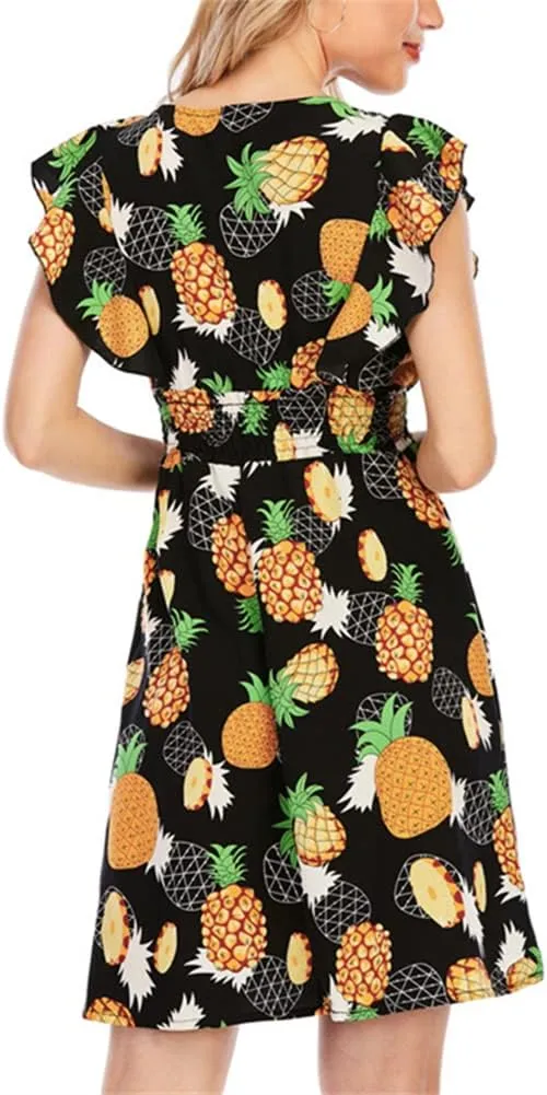 KEOMUD Women's Floral Print V Neck A-Line Summer Ruffle Sleeve Mini Dress Cute Short Dress