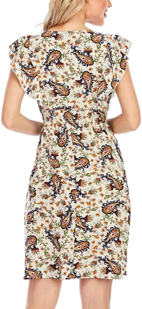 KEOMUD Women's Floral Print V Neck A-Line Summer Ruffle Sleeve Mini Dress Cute Short Dress