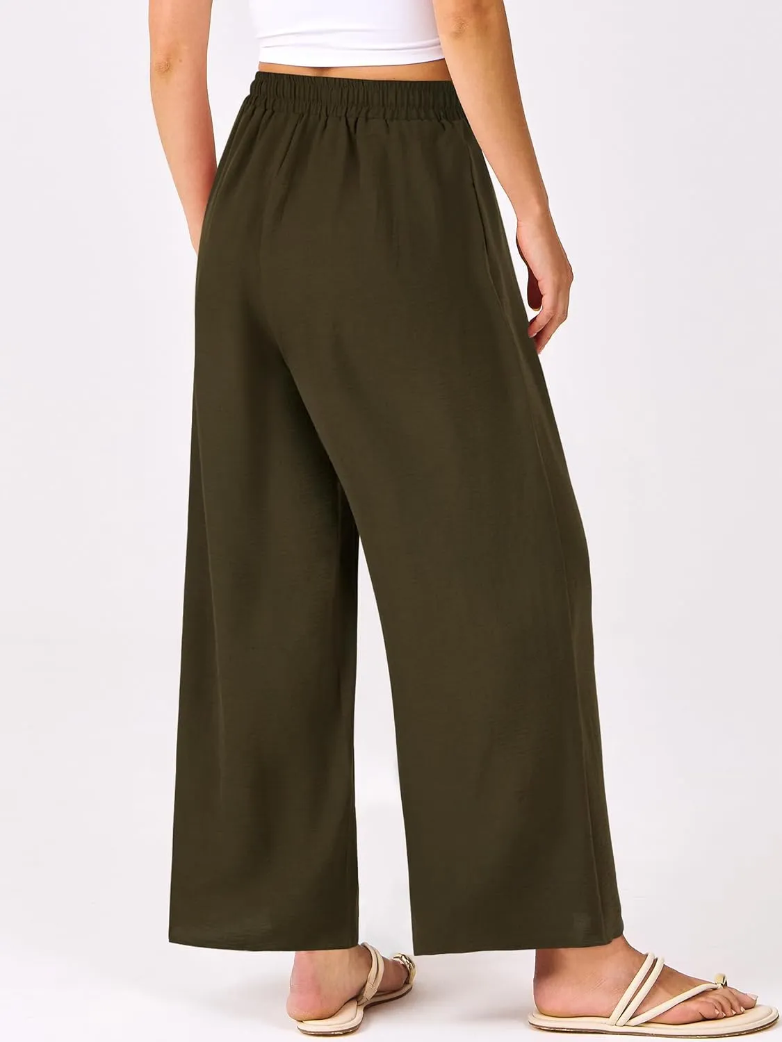 KIFOVEN Women's Summer Palazzo Pants Elastic High Waist Drawstring Casual Wide Leg Flowy Trousers with Pockets