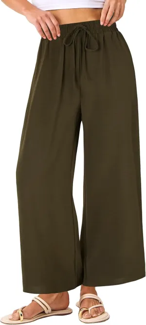 KIFOVEN Women's Summer Palazzo Pants Elastic High Waist Drawstring Casual Wide Leg Flowy Trousers with Pockets