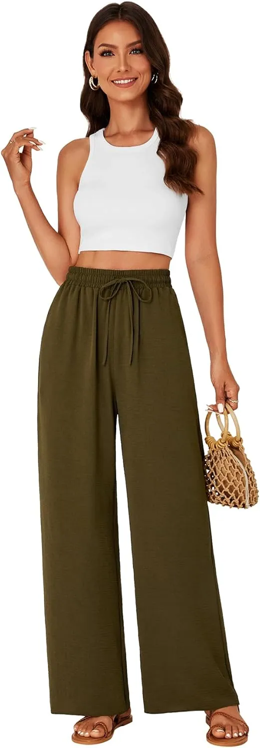 KIFOVEN Women's Summer Palazzo Pants Elastic High Waist Drawstring Casual Wide Leg Flowy Trousers with Pockets