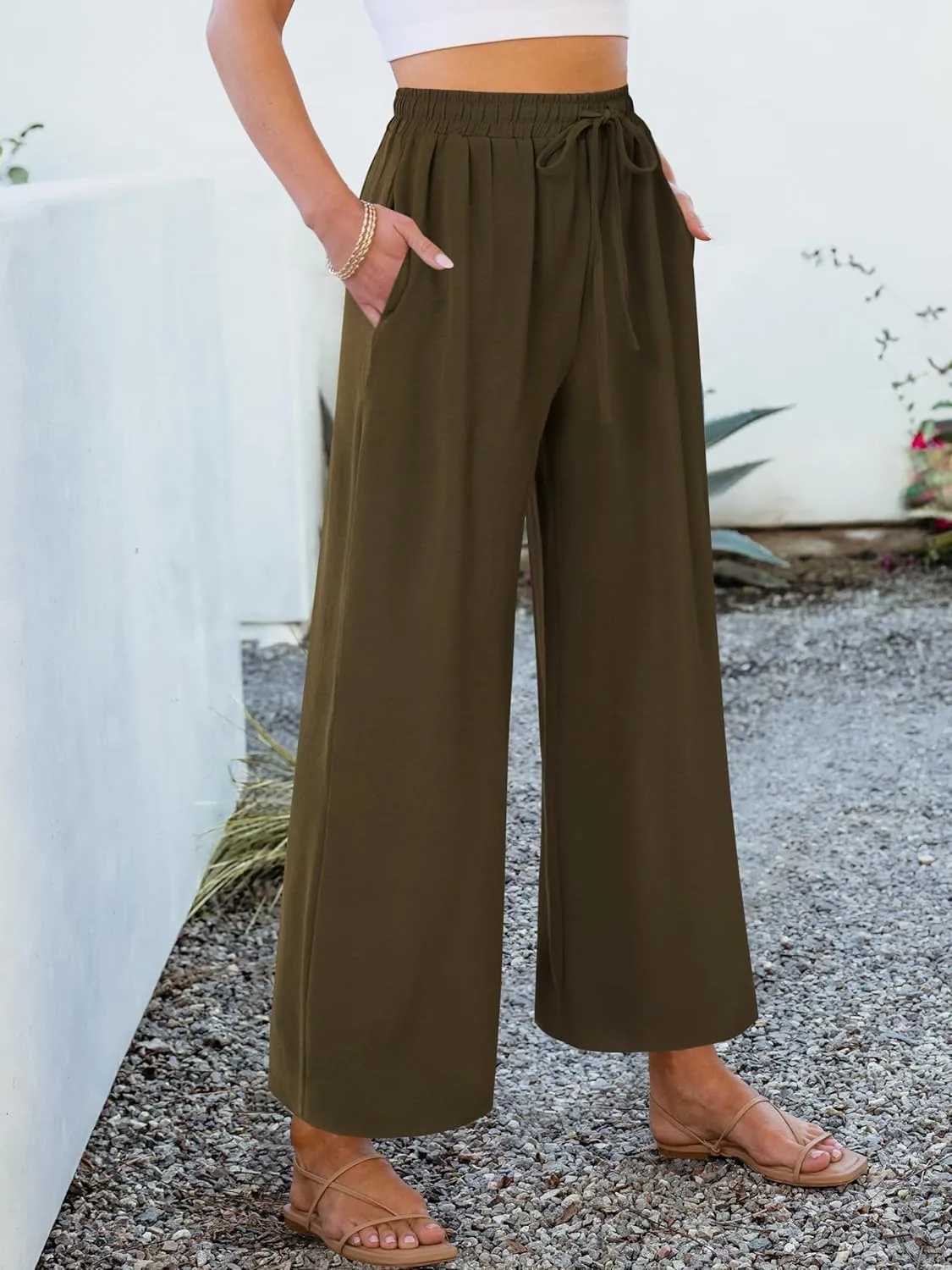 KIFOVEN Women's Summer Palazzo Pants Elastic High Waist Drawstring Casual Wide Leg Flowy Trousers with Pockets