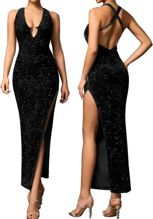 KUTUMAI Women Velvet Sequin Sparkly Maxi Dress Sexy V Neck Split Cocktail Formal Evening Dresses for 2024 Winter