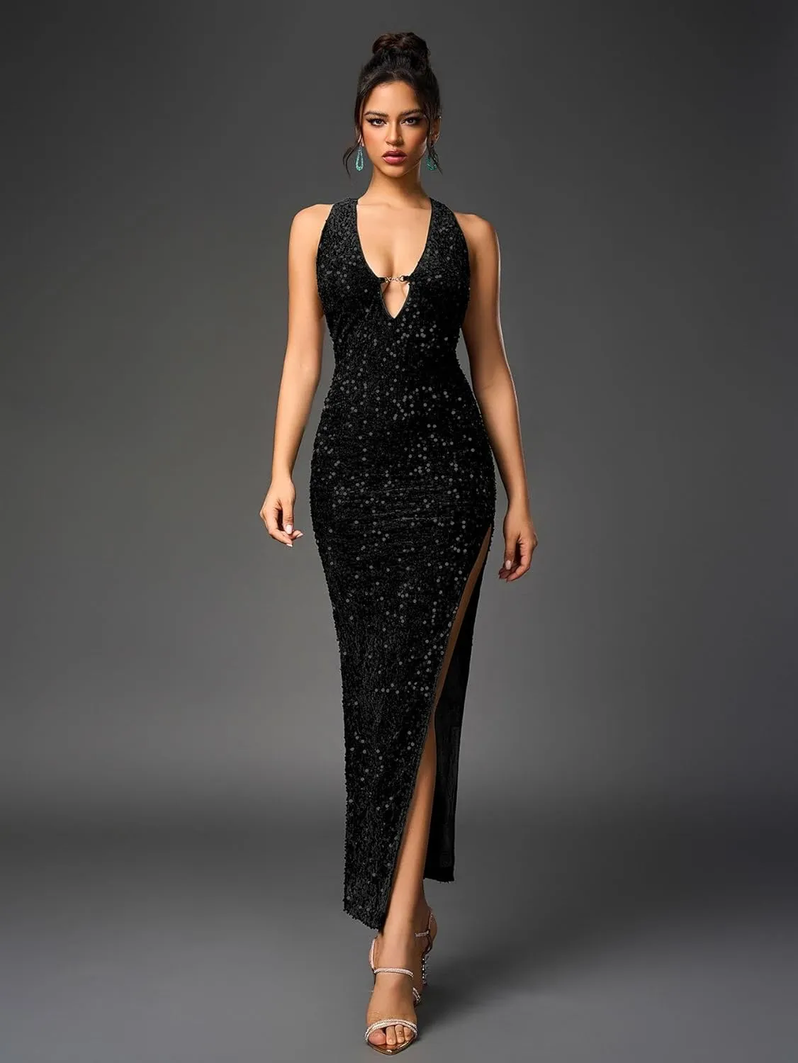 KUTUMAI Women Velvet Sequin Sparkly Maxi Dress Sexy V Neck Split Cocktail Formal Evening Dresses for 2024 Winter