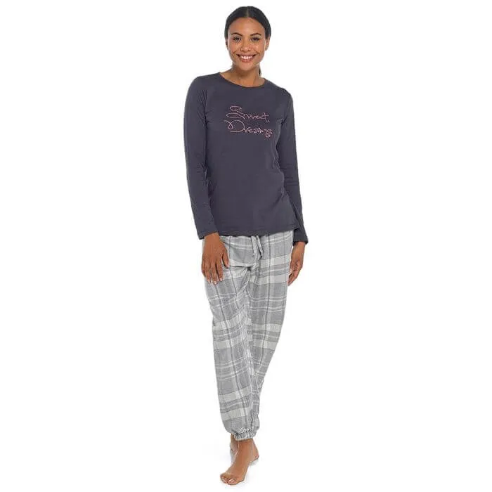 Ladies Grey Check Cuffed Pant Pyjamas In A Bag