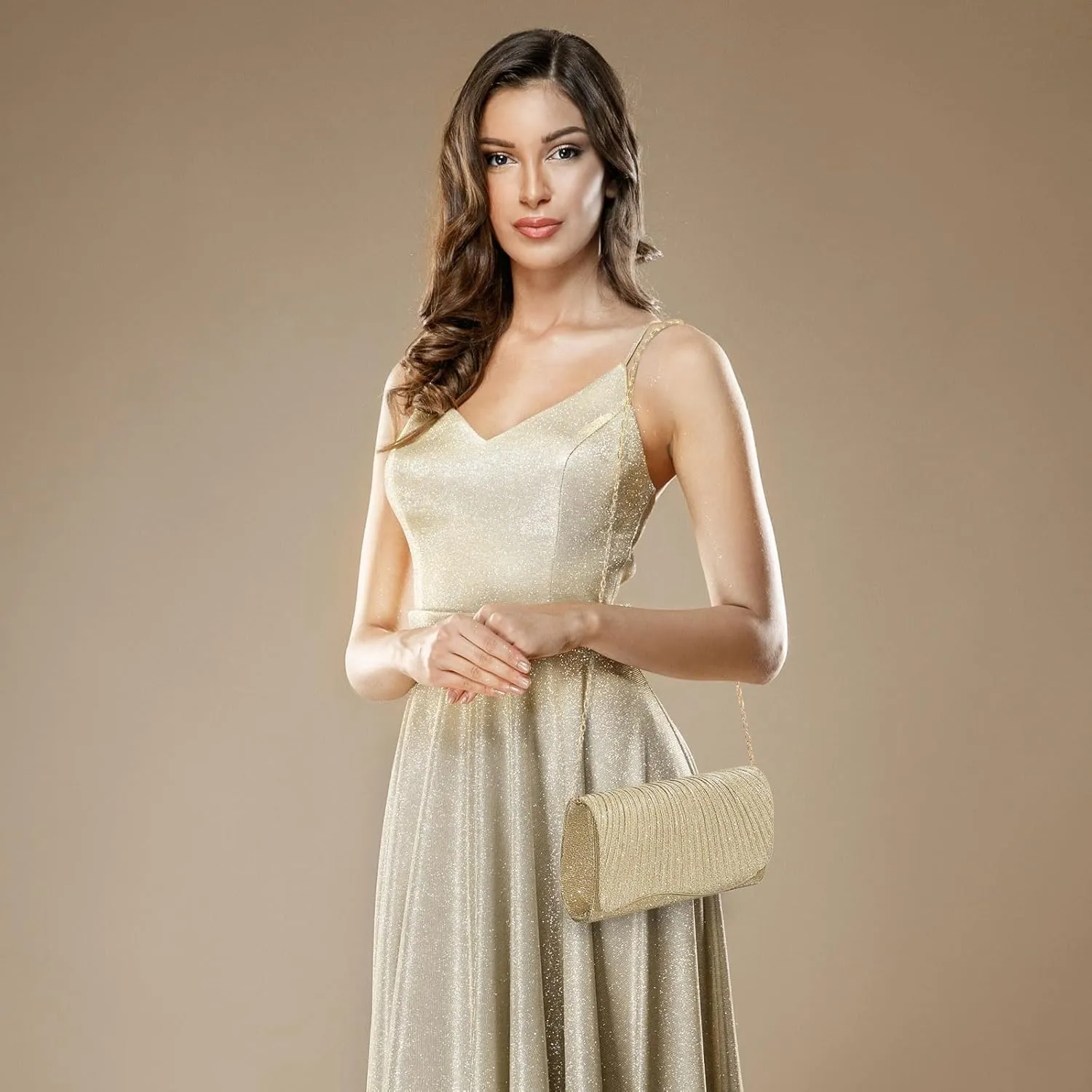 Ladies Pleated Evening Clutches Glitter Envelope Handbag Elegant Small Shoulder Bag for Wedding Party Prom Bridal