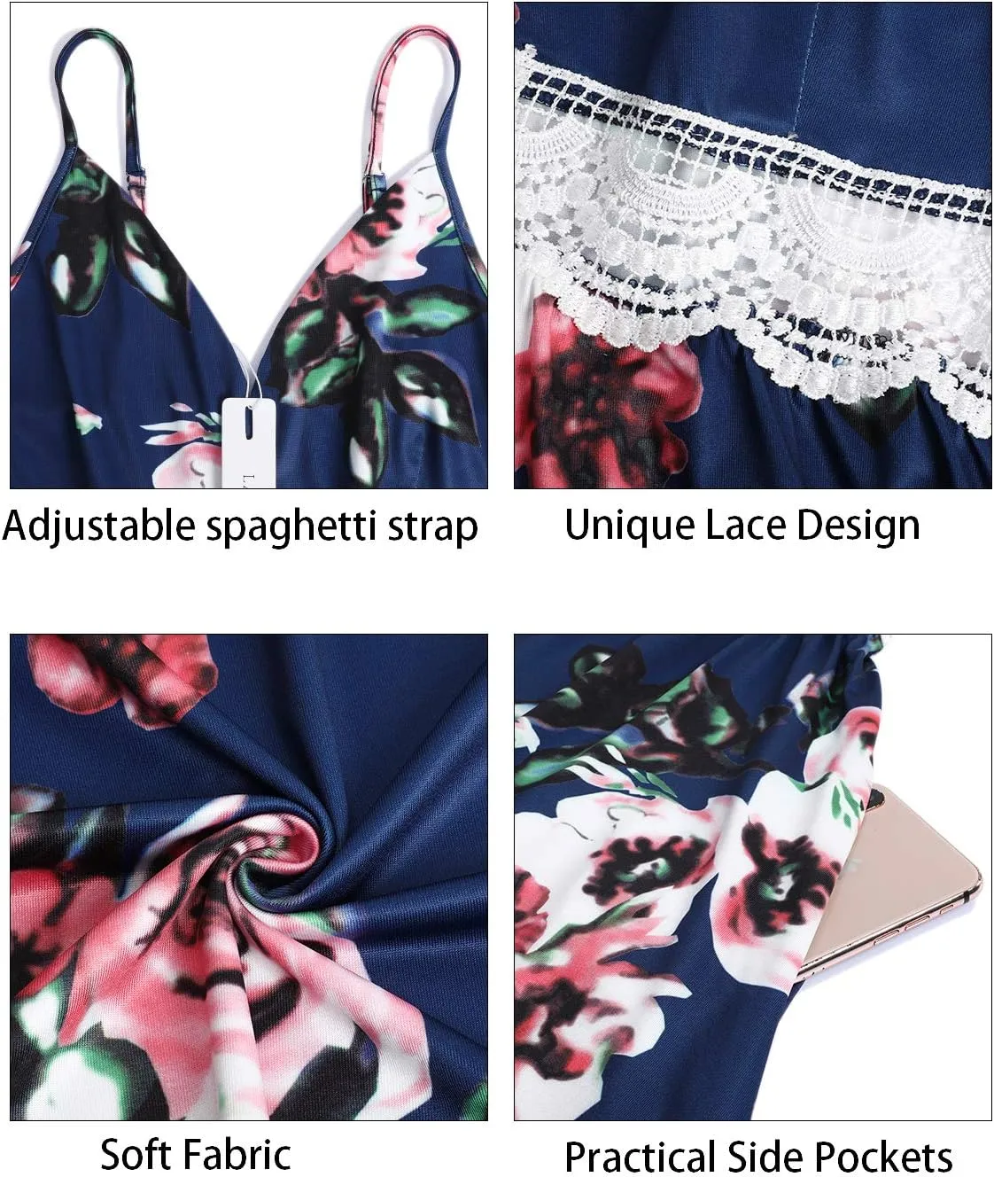 LAISHEN Women's 2024 Summer Casual Sundress V Neck Spaghetti Strap Lace Floral Beach Vacation Midi Dress