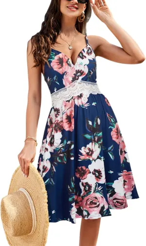 LAISHEN Women's 2024 Summer Casual Sundress V Neck Spaghetti Strap Lace Floral Beach Vacation Midi Dress
