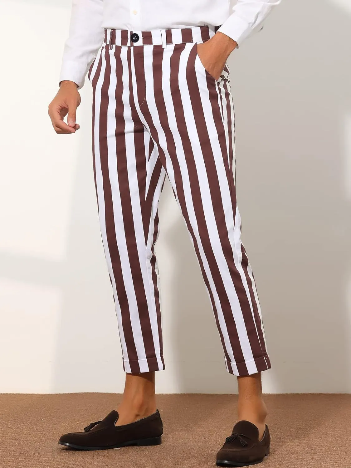 Lars Amadeus Striped Business Pants for Men's Slim Fit Flat Front Tapered Office Cropped Pants