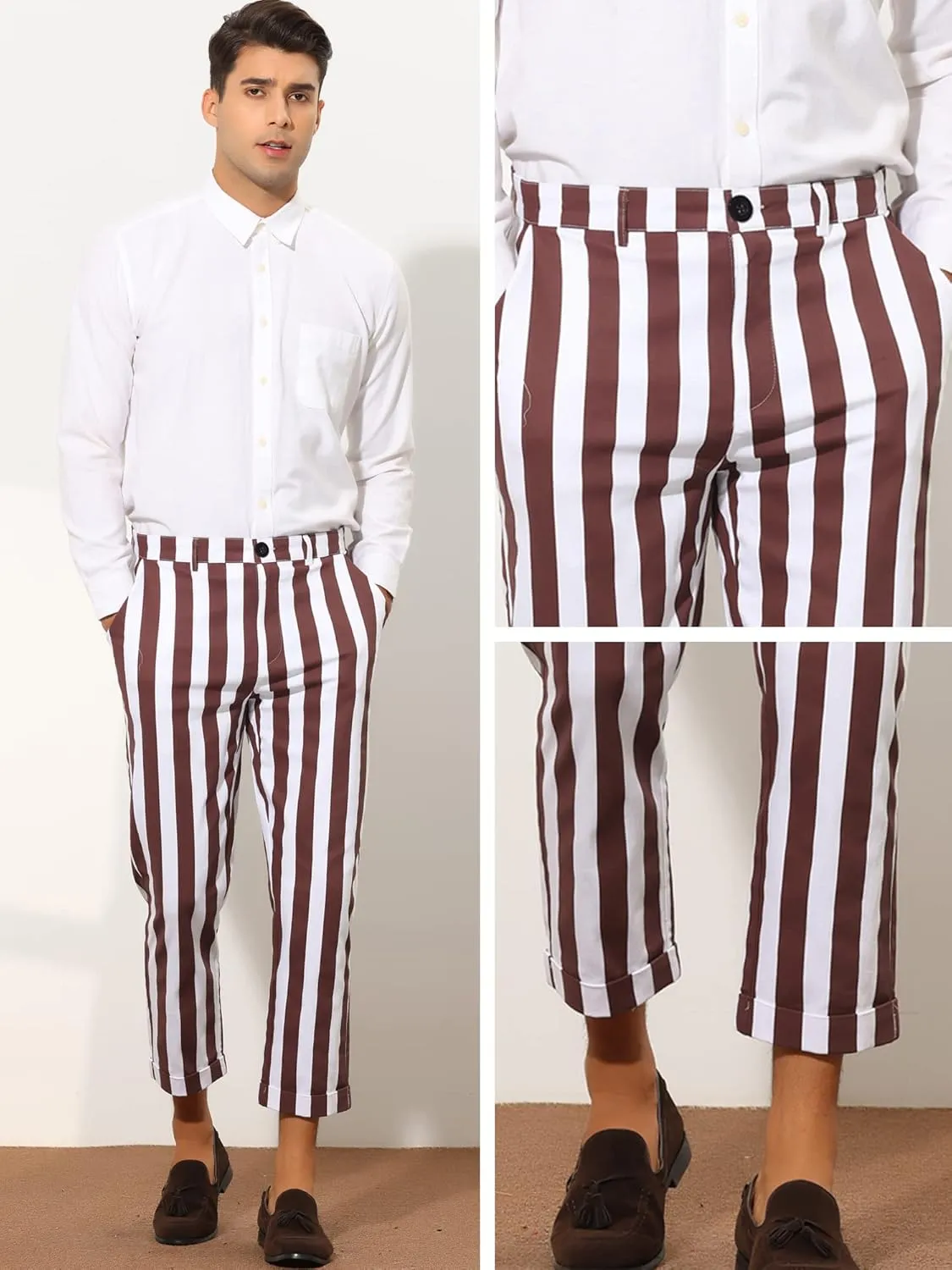 Lars Amadeus Striped Business Pants for Men's Slim Fit Flat Front Tapered Office Cropped Pants