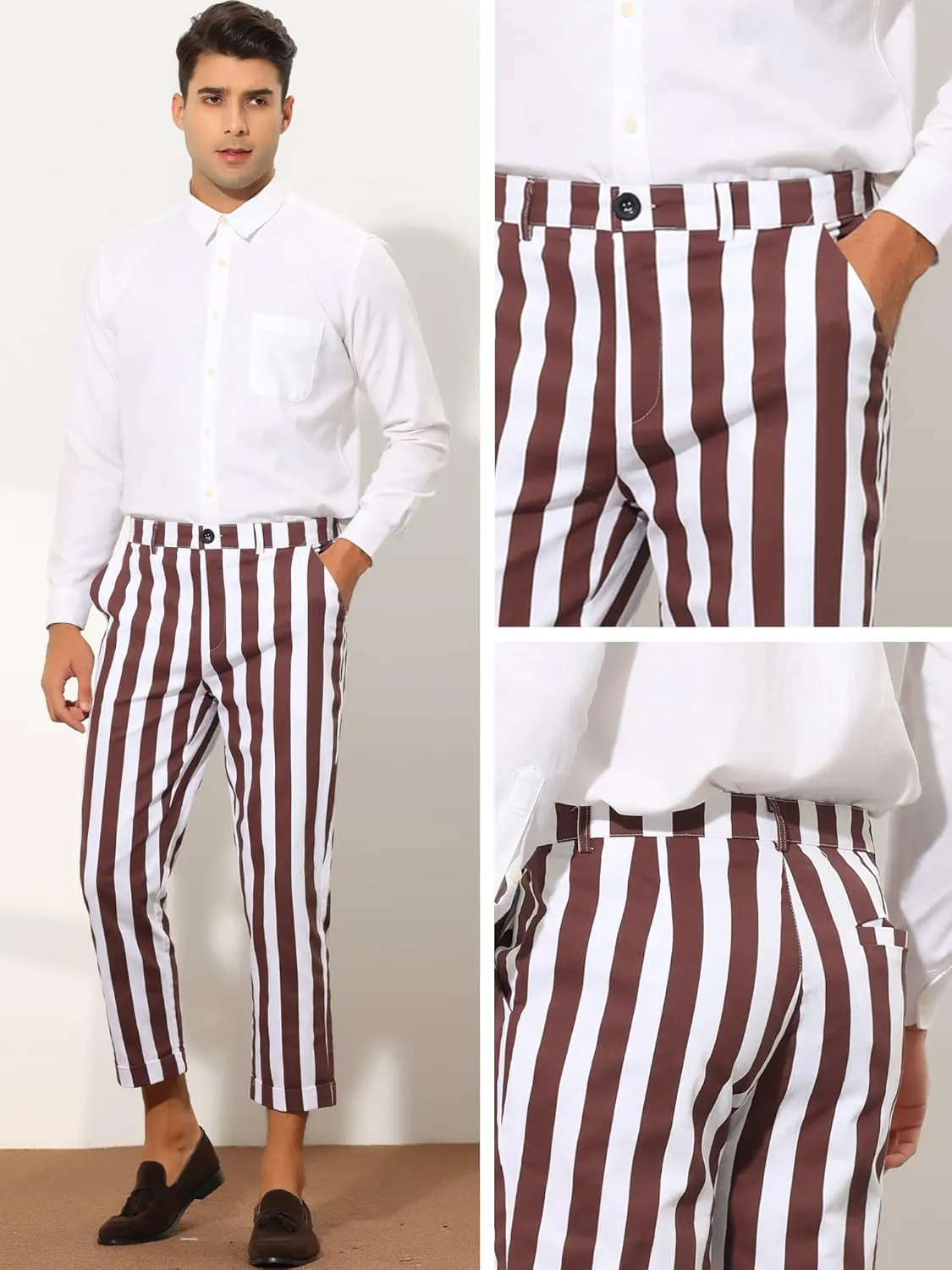 Lars Amadeus Striped Business Pants for Men's Slim Fit Flat Front Tapered Office Cropped Pants