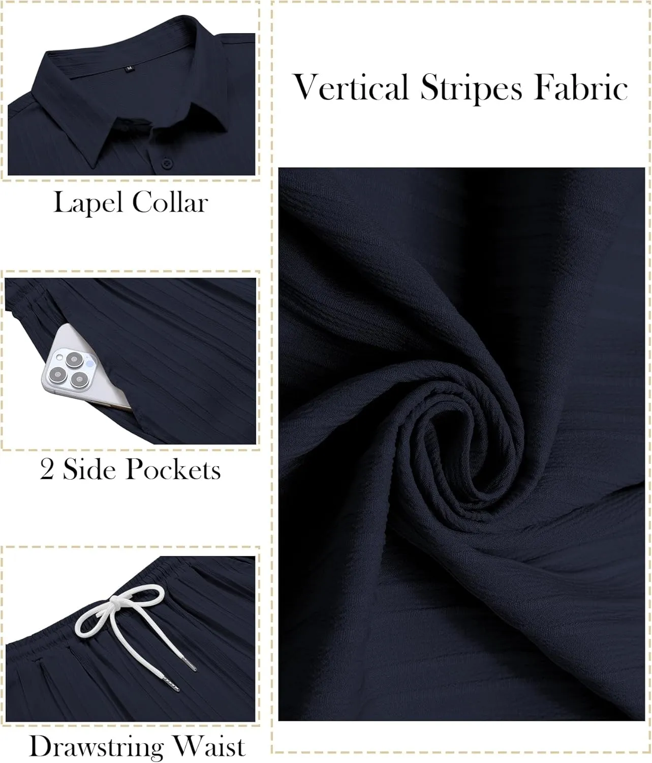 LecGee Men's 2 Piece Vertical Striped Textured Outfits Summer Casual Button Down Shirts And Pants Matching Sets