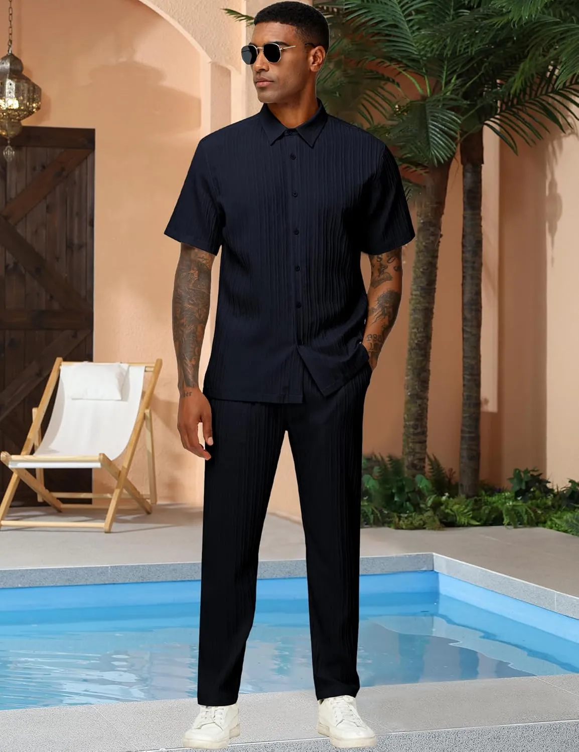 LecGee Men's 2 Piece Vertical Striped Textured Outfits Summer Casual Button Down Shirts And Pants Matching Sets