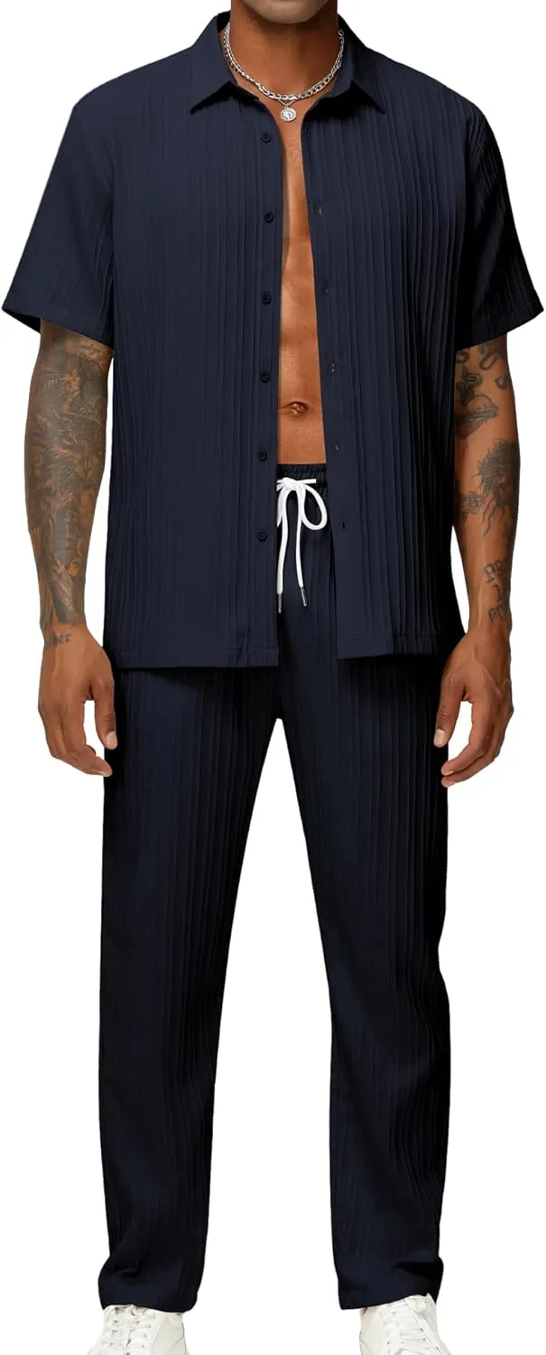 LecGee Men's 2 Piece Vertical Striped Textured Outfits Summer Casual Button Down Shirts And Pants Matching Sets