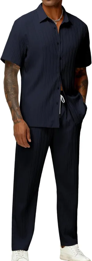 LecGee Men's 2 Piece Vertical Striped Textured Outfits Summer Casual Button Down Shirts And Pants Matching Sets