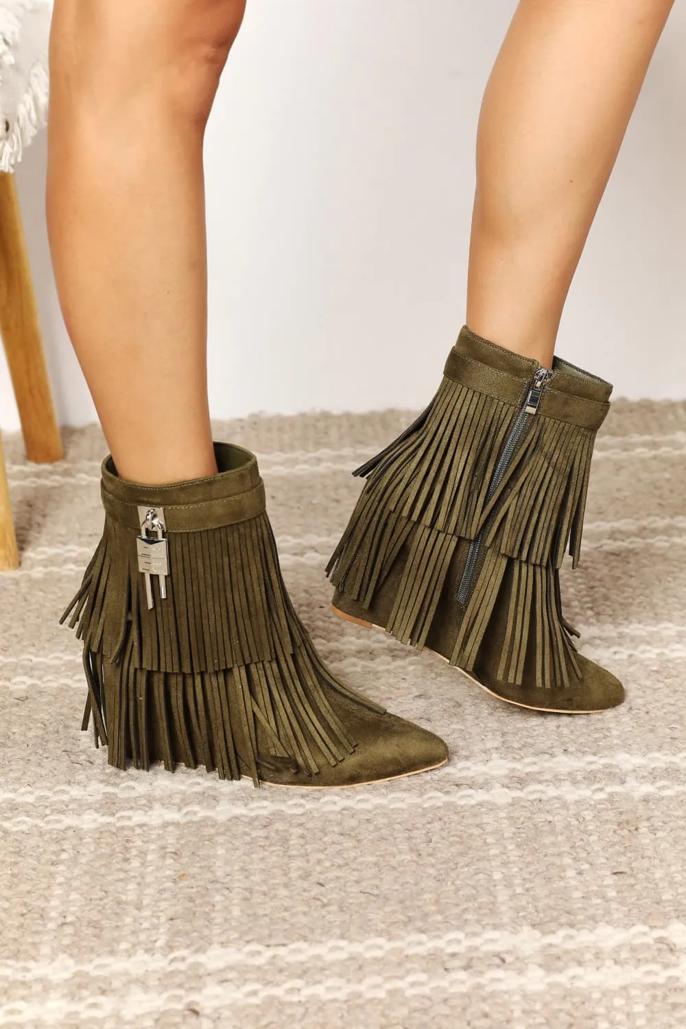 Legend Green Tassel Wedge Heel Ankle Boots