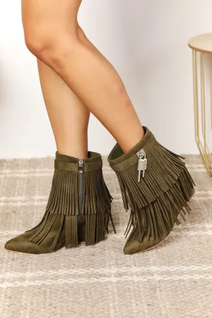 Legend Green Tassel Wedge Heel Ankle Boots