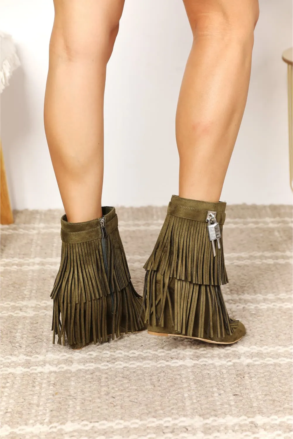 Legend Green Tassel Wedge Heel Ankle Boots