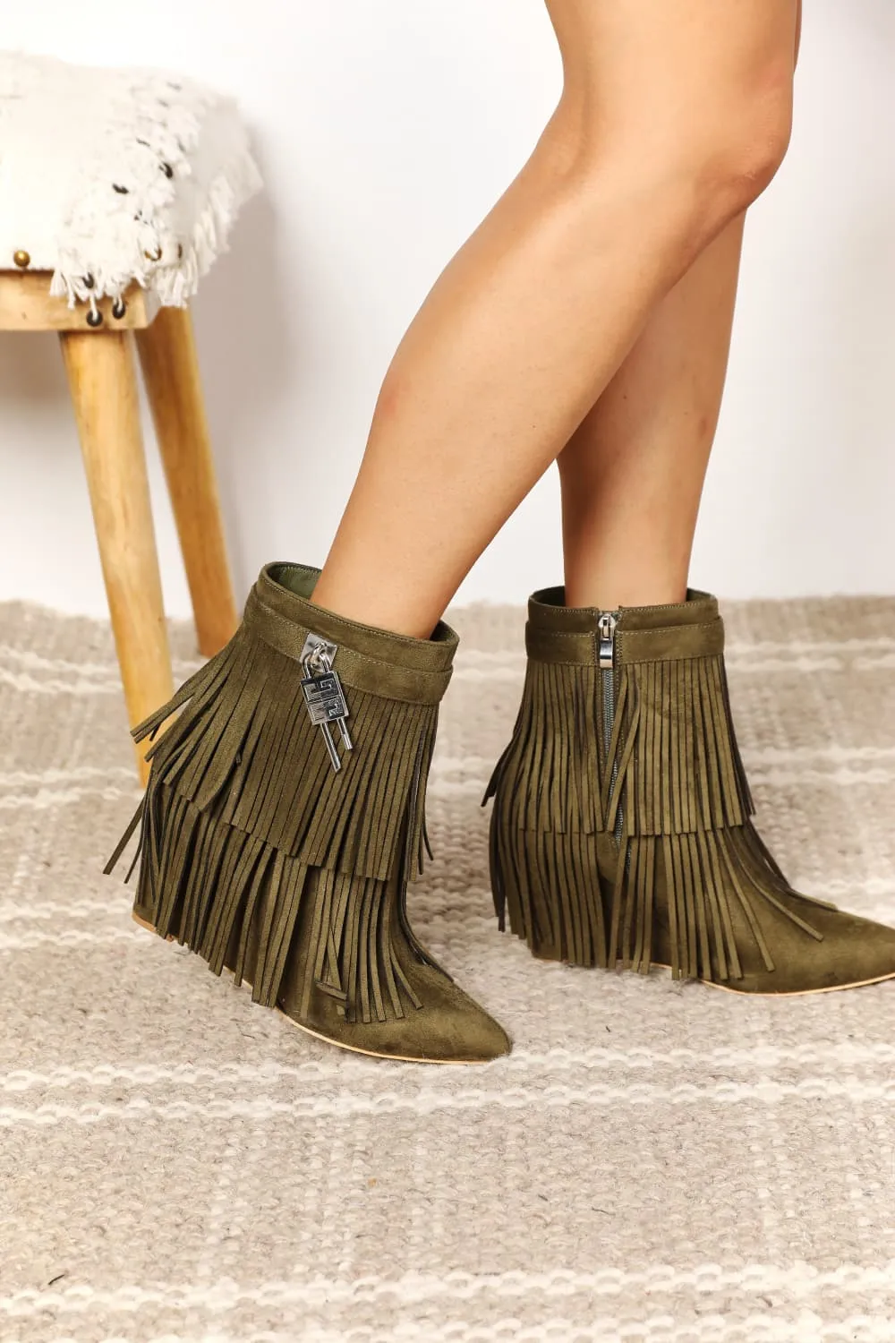 Legend Green Tassel Wedge Heel Ankle Boots