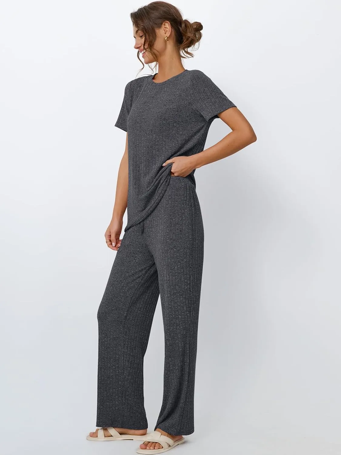 LILLUSORY 2 Piece Lounge Sets for Women Summer Vacation Outfits Matching Casual Wide Leg Pants Sets Ribbed Knit Pajamas 2025