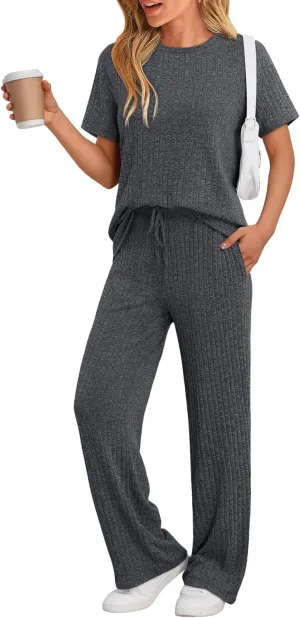 LILLUSORY 2 Piece Lounge Sets for Women Summer Vacation Outfits Matching Casual Wide Leg Pants Sets Ribbed Knit Pajamas 2025
