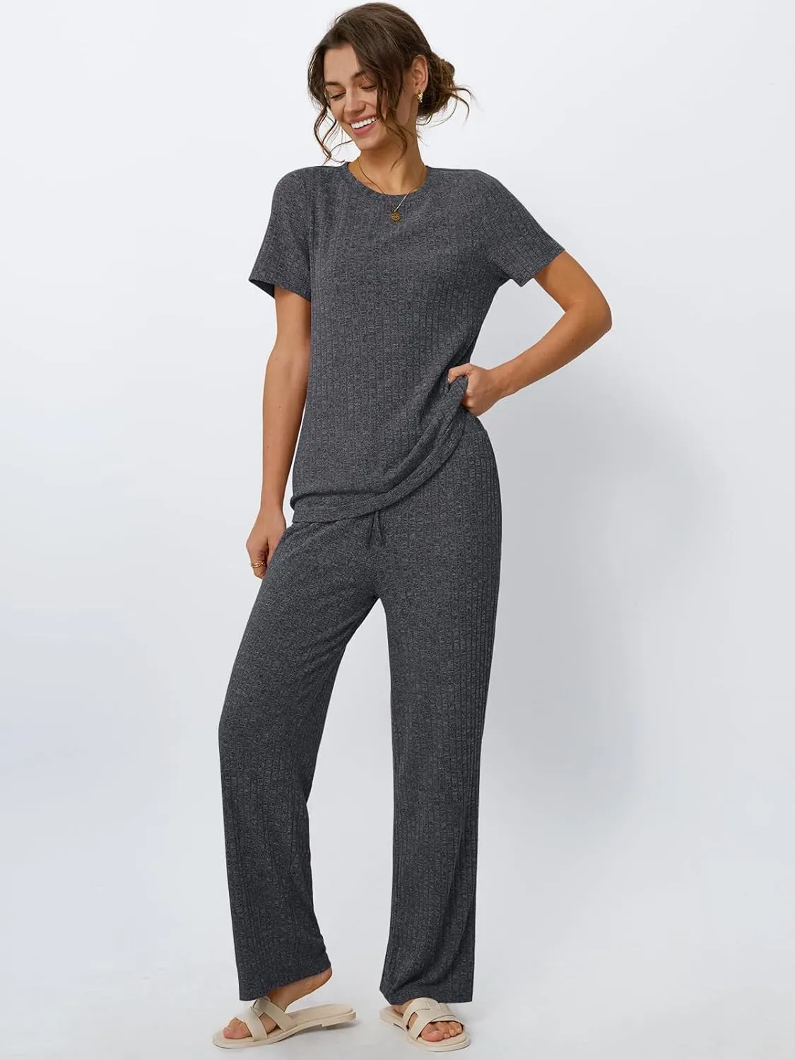 LILLUSORY 2 Piece Lounge Sets for Women Summer Vacation Outfits Matching Casual Wide Leg Pants Sets Ribbed Knit Pajamas 2025