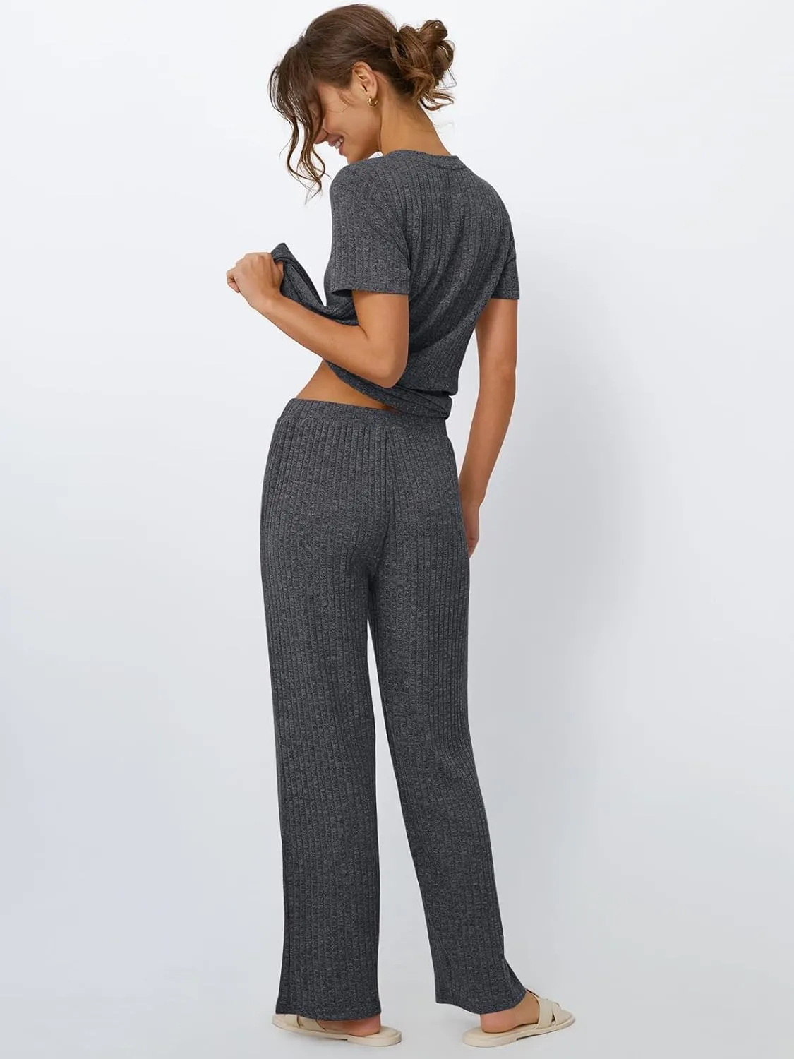 LILLUSORY 2 Piece Lounge Sets for Women Summer Vacation Outfits Matching Casual Wide Leg Pants Sets Ribbed Knit Pajamas 2025