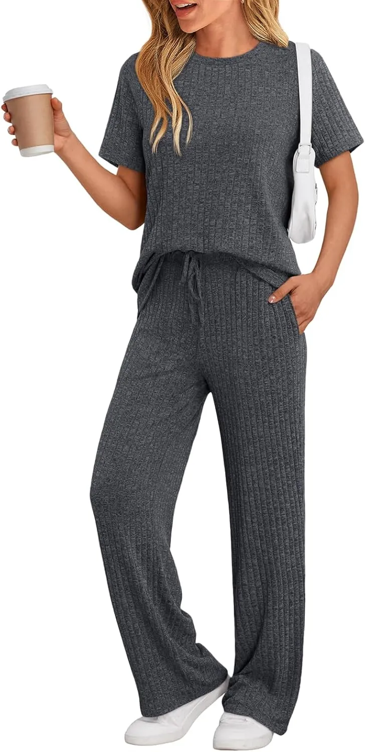 LILLUSORY 2 Piece Lounge Sets for Women Summer Vacation Outfits Matching Casual Wide Leg Pants Sets Ribbed Knit Pajamas 2025
