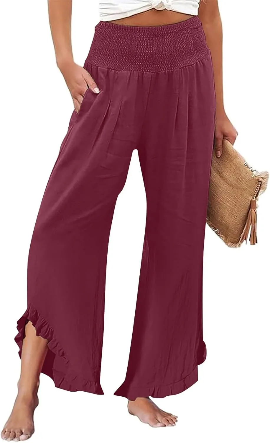Linen Pants for Women Ruffle Cuffs Smocked High Waist Wide Leg Beach Pants Summer Flowy Palazzo Trousers with Pockets