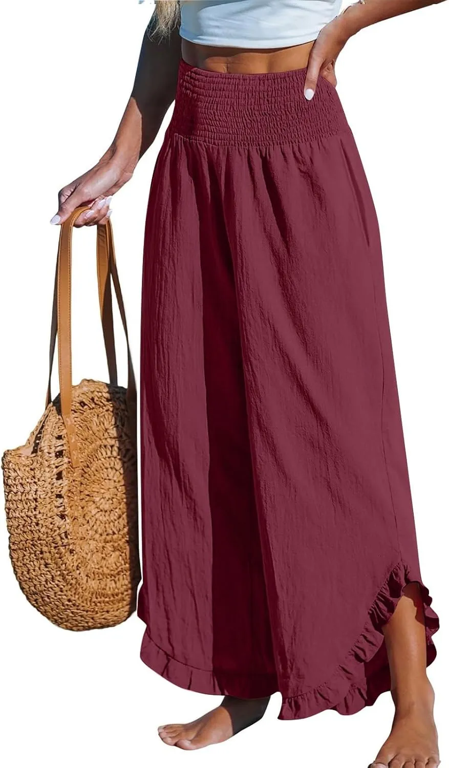 Linen Pants for Women Ruffle Cuffs Smocked High Waist Wide Leg Beach Pants Summer Flowy Palazzo Trousers with Pockets