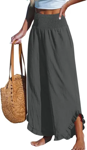 Linen Pants for Women Ruffle Cuffs Smocked High Waist Wide Leg Beach Pants Summer Flowy Palazzo Trousers with Pockets