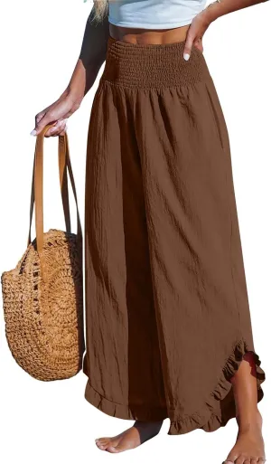 Linen Pants for Women Ruffle Cuffs Smocked High Waist Wide Leg Beach Pants Summer Flowy Palazzo Trousers with Pockets