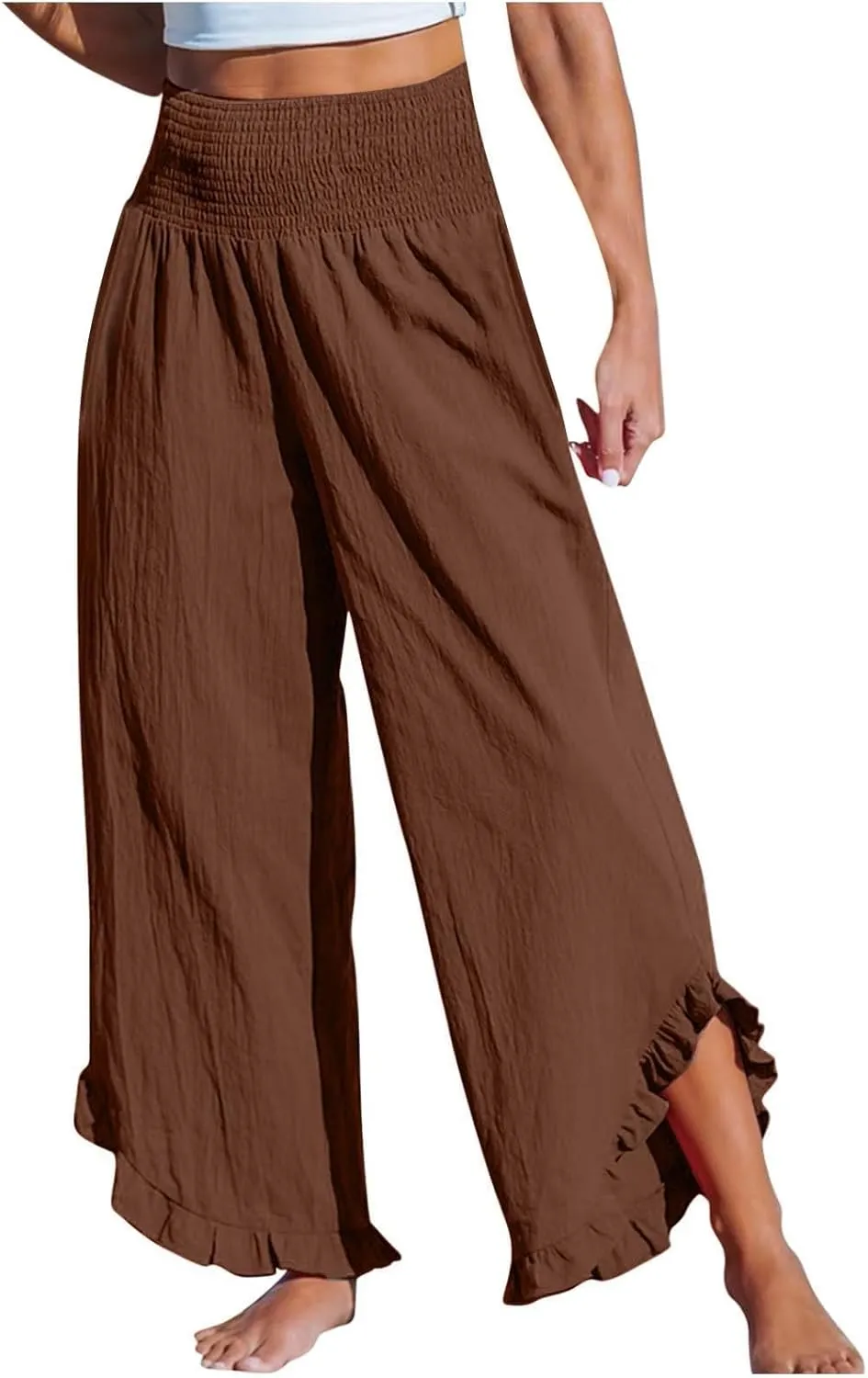Linen Pants for Women Ruffle Cuffs Smocked High Waist Wide Leg Beach Pants Summer Flowy Palazzo Trousers with Pockets