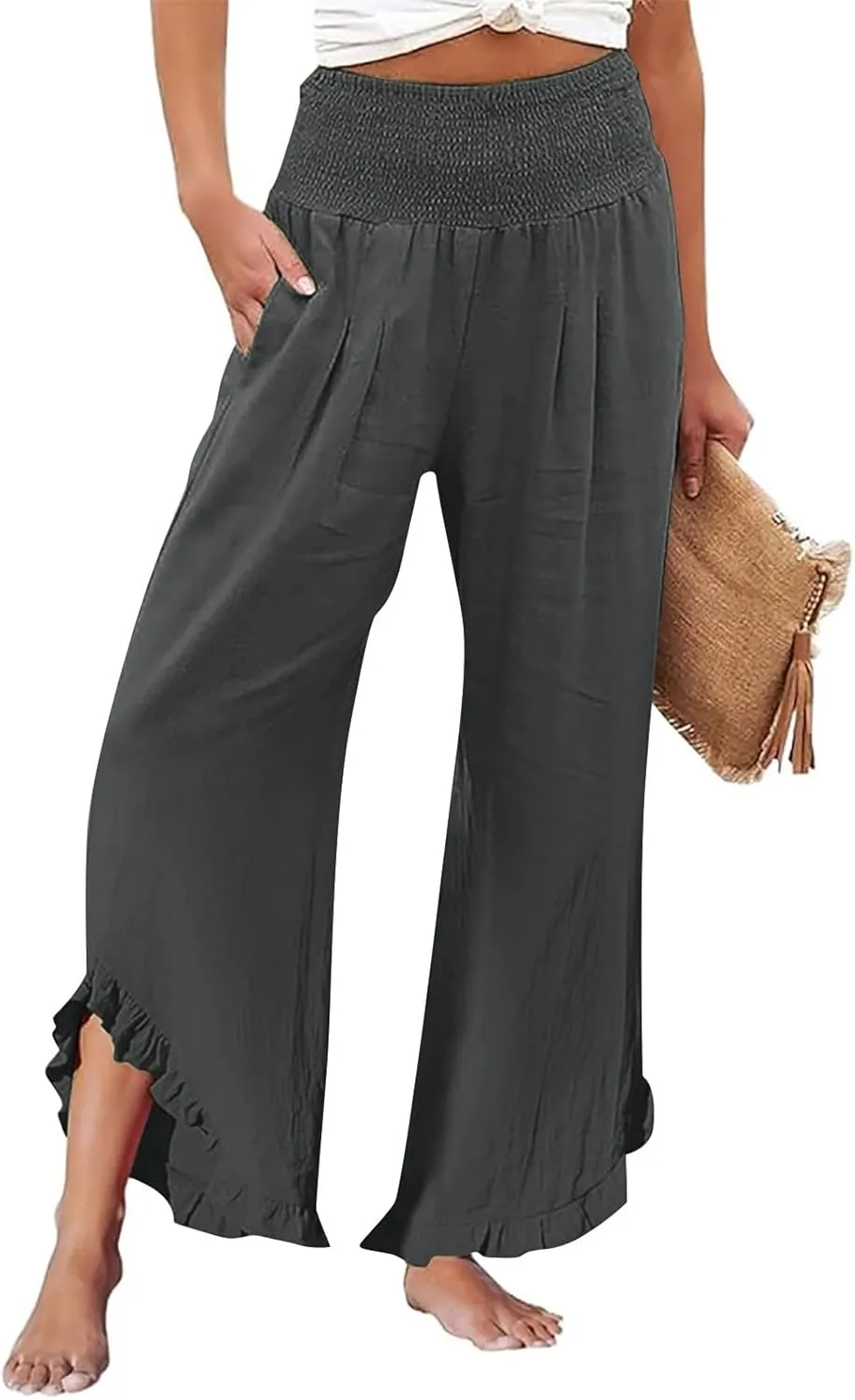 Linen Pants for Women Ruffle Cuffs Smocked High Waist Wide Leg Beach Pants Summer Flowy Palazzo Trousers with Pockets