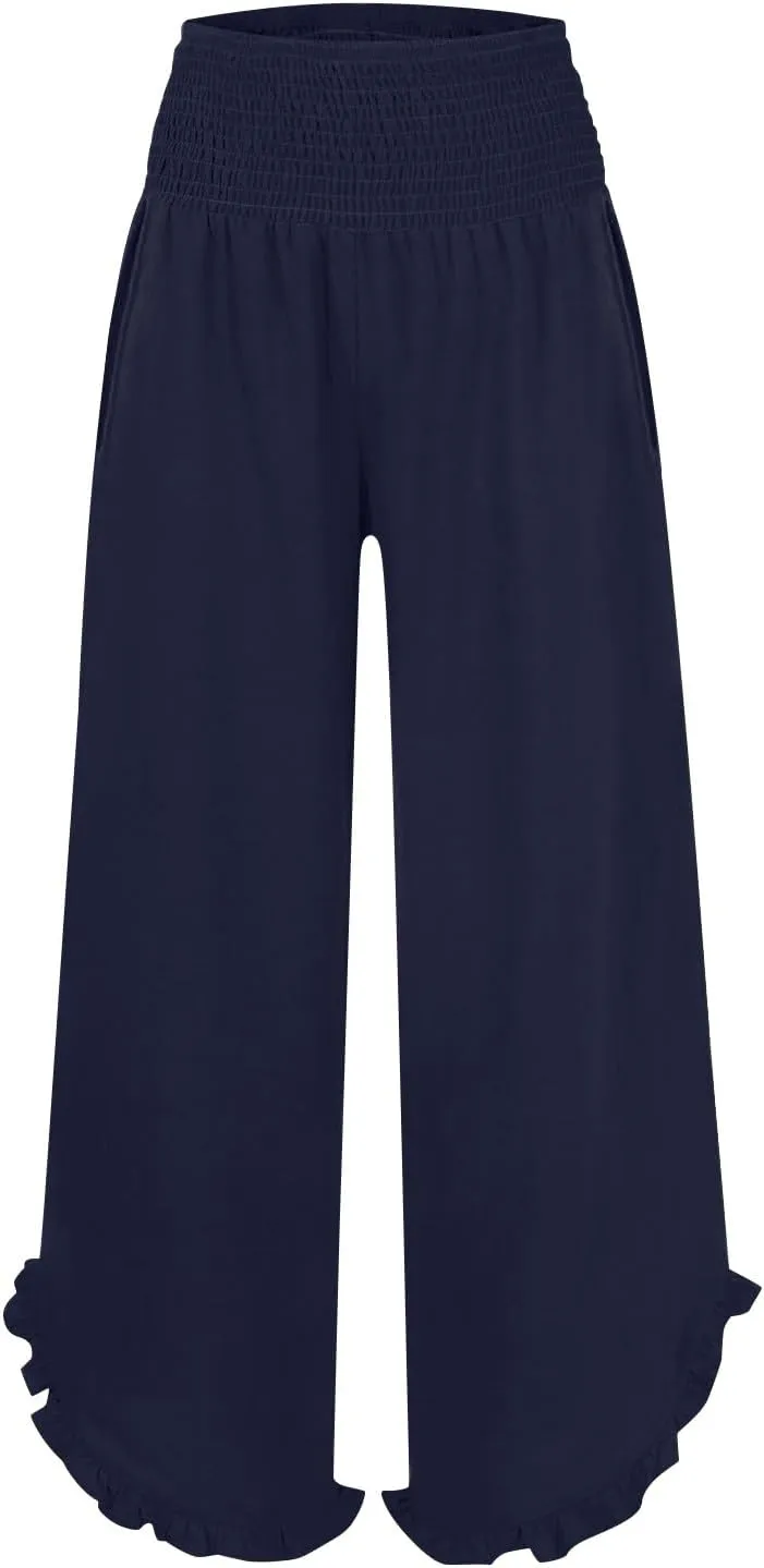 Linen Pants for Women Ruffle Cuffs Smocked High Waist Wide Leg Beach Pants Summer Flowy Palazzo Trousers with Pockets
