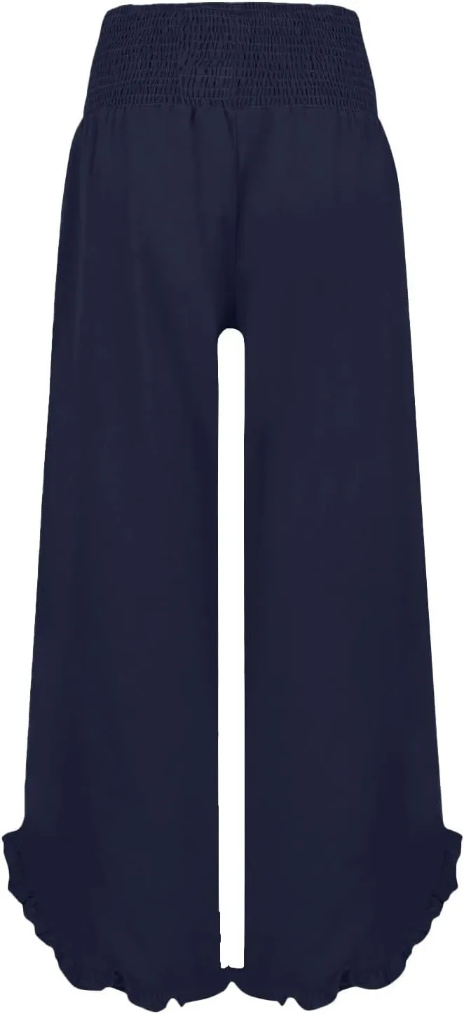 Linen Pants for Women Ruffle Cuffs Smocked High Waist Wide Leg Beach Pants Summer Flowy Palazzo Trousers with Pockets