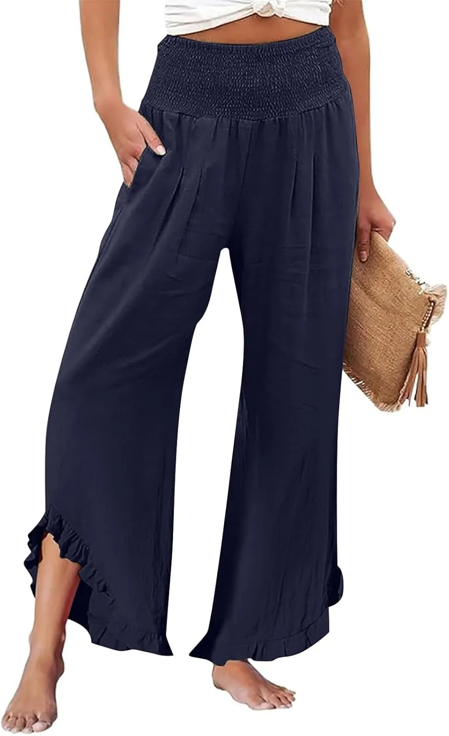 Linen Pants for Women Ruffle Cuffs Smocked High Waist Wide Leg Beach Pants Summer Flowy Palazzo Trousers with Pockets
