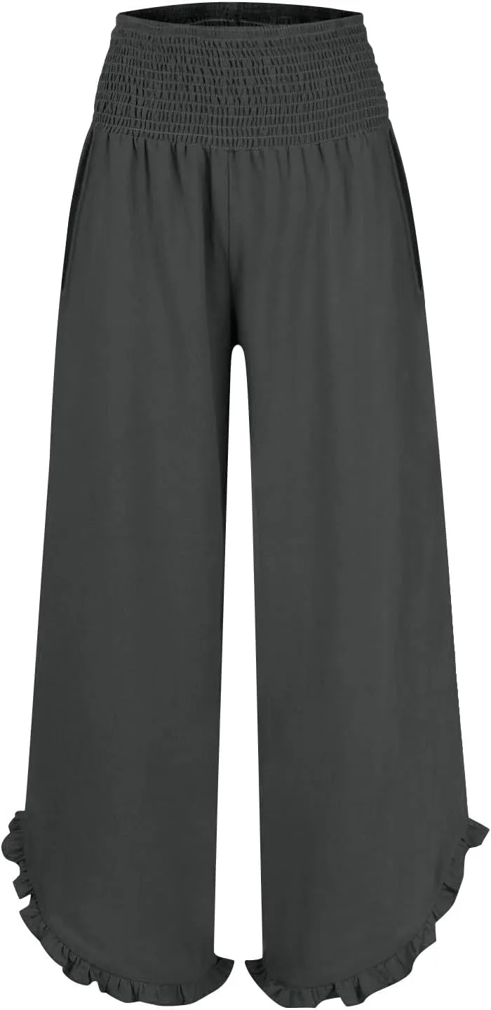 Linen Pants for Women Ruffle Cuffs Smocked High Waist Wide Leg Beach Pants Summer Flowy Palazzo Trousers with Pockets