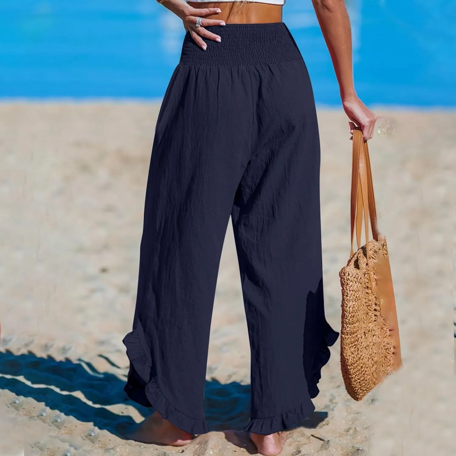 Linen Pants for Women Ruffle Cuffs Smocked High Waist Wide Leg Beach Pants Summer Flowy Palazzo Trousers with Pockets