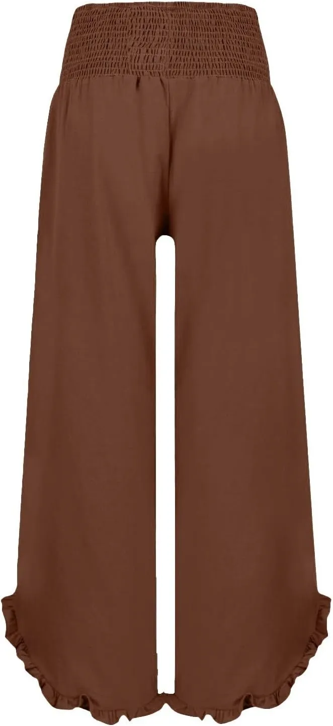 Linen Pants for Women Ruffle Cuffs Smocked High Waist Wide Leg Beach Pants Summer Flowy Palazzo Trousers with Pockets