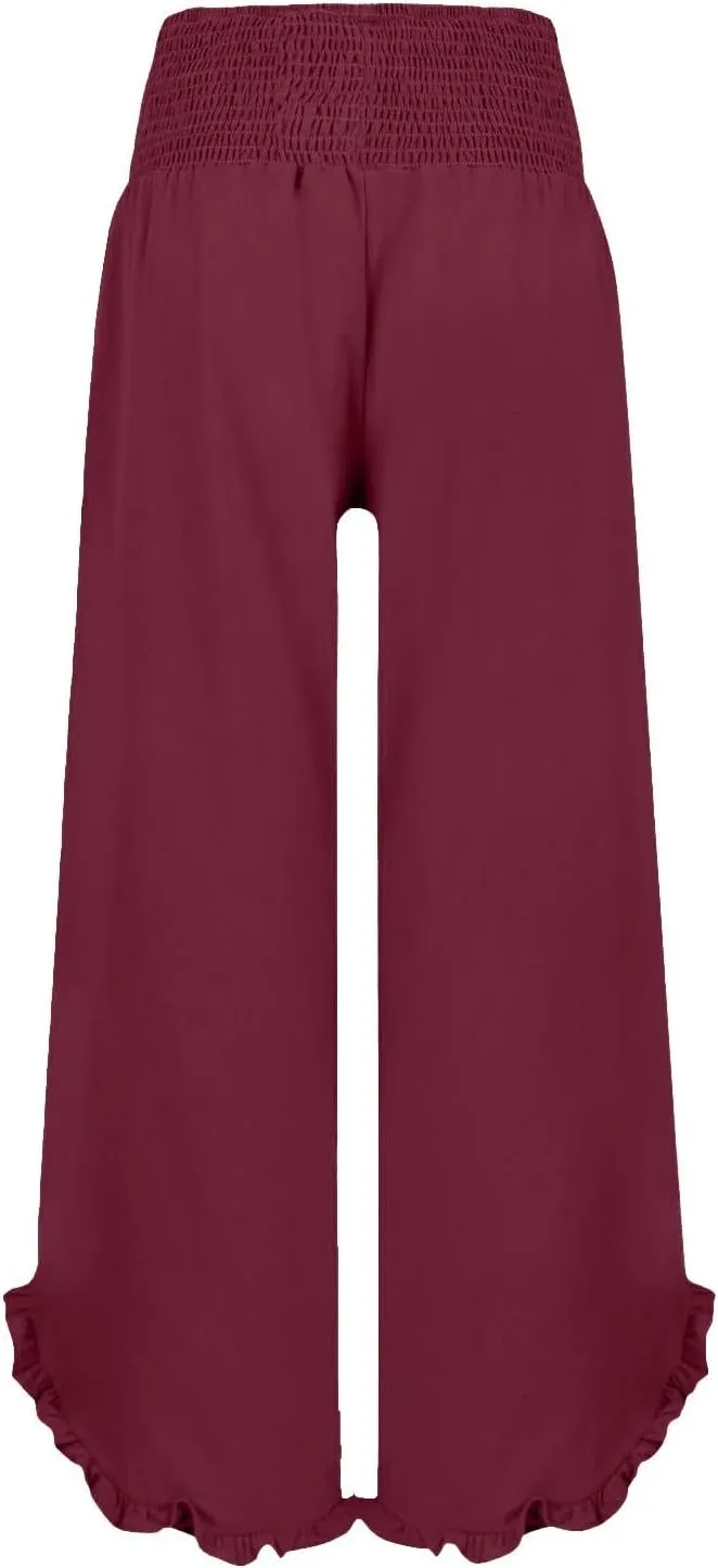 Linen Pants for Women Ruffle Cuffs Smocked High Waist Wide Leg Beach Pants Summer Flowy Palazzo Trousers with Pockets