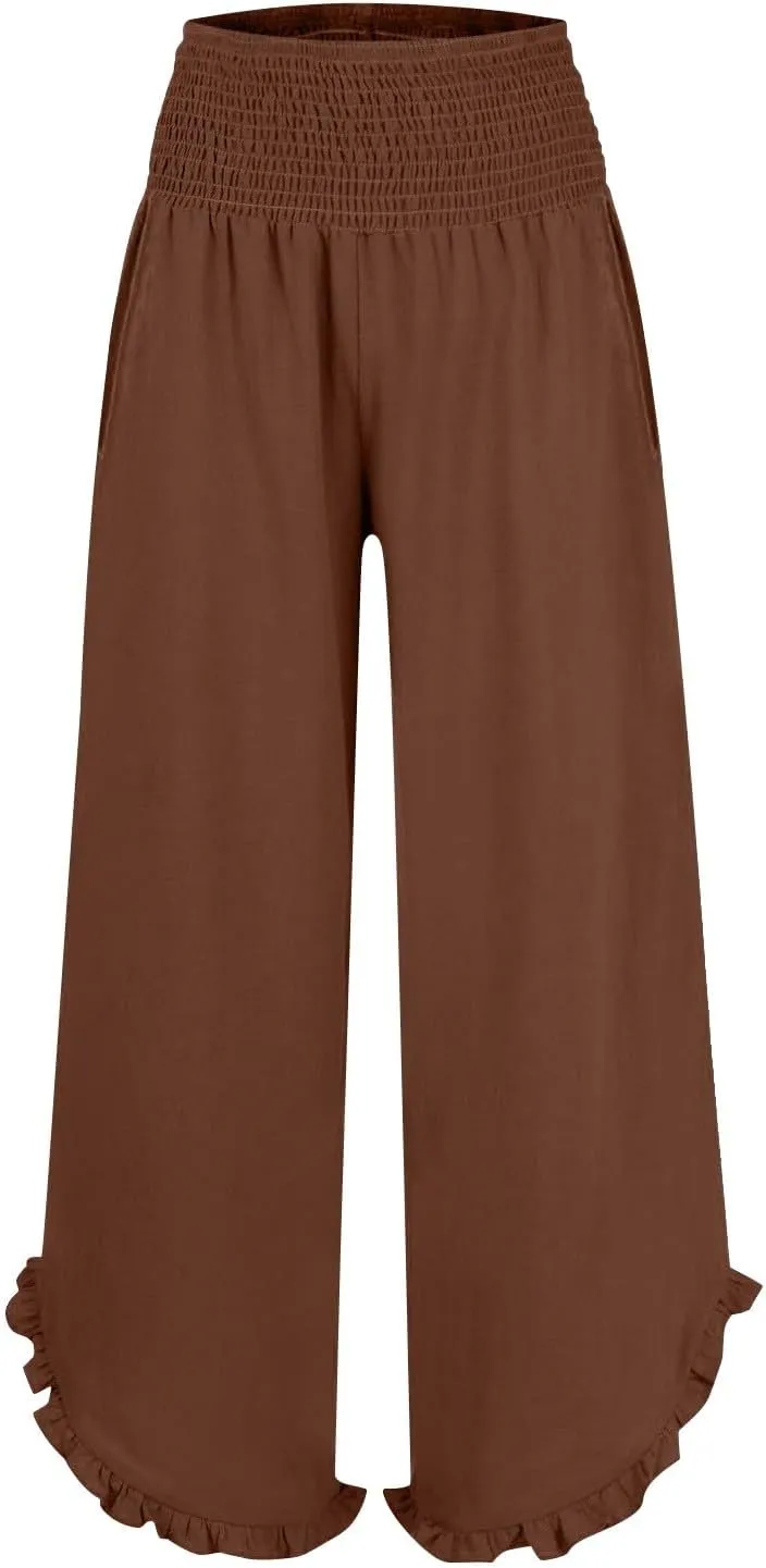 Linen Pants for Women Ruffle Cuffs Smocked High Waist Wide Leg Beach Pants Summer Flowy Palazzo Trousers with Pockets