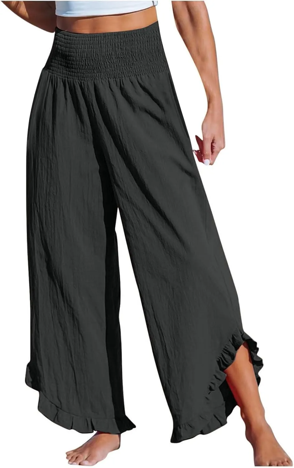 Linen Pants for Women Ruffle Cuffs Smocked High Waist Wide Leg Beach Pants Summer Flowy Palazzo Trousers with Pockets