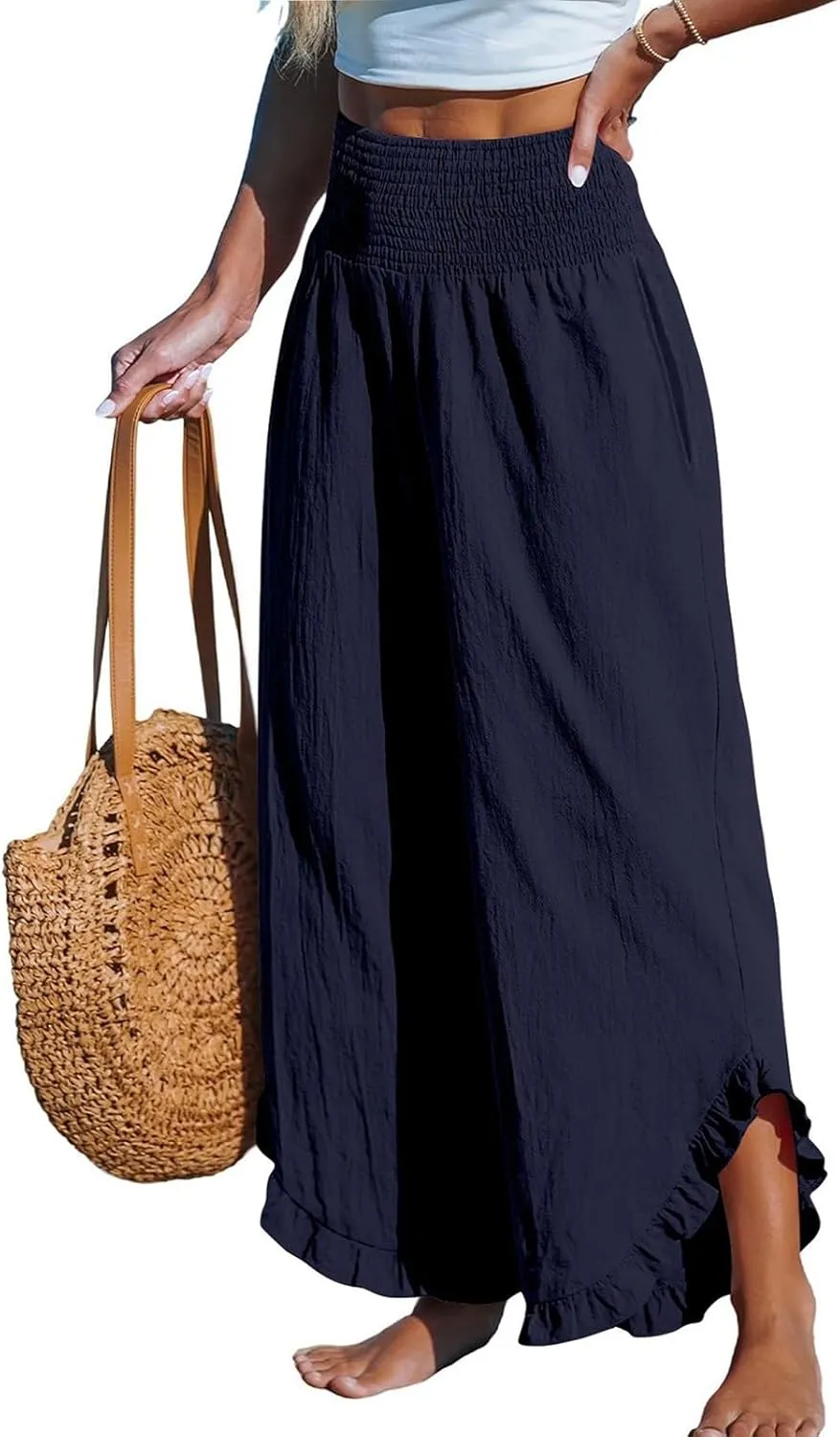 Linen Pants for Women Ruffle Cuffs Smocked High Waist Wide Leg Beach Pants Summer Flowy Palazzo Trousers with Pockets