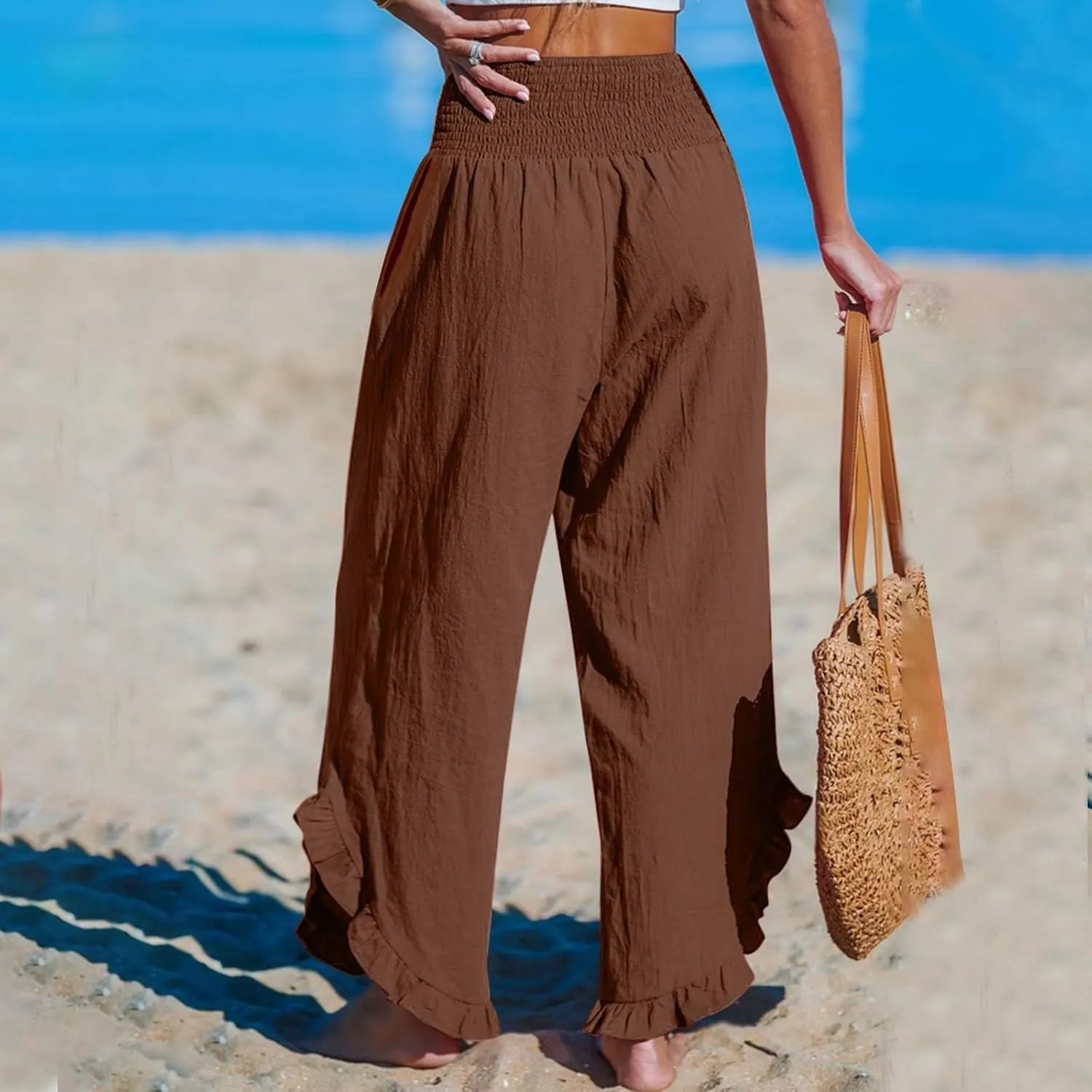 Linen Pants for Women Ruffle Cuffs Smocked High Waist Wide Leg Beach Pants Summer Flowy Palazzo Trousers with Pockets