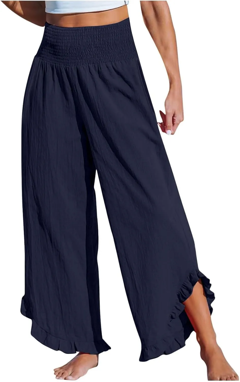 Linen Pants for Women Ruffle Cuffs Smocked High Waist Wide Leg Beach Pants Summer Flowy Palazzo Trousers with Pockets