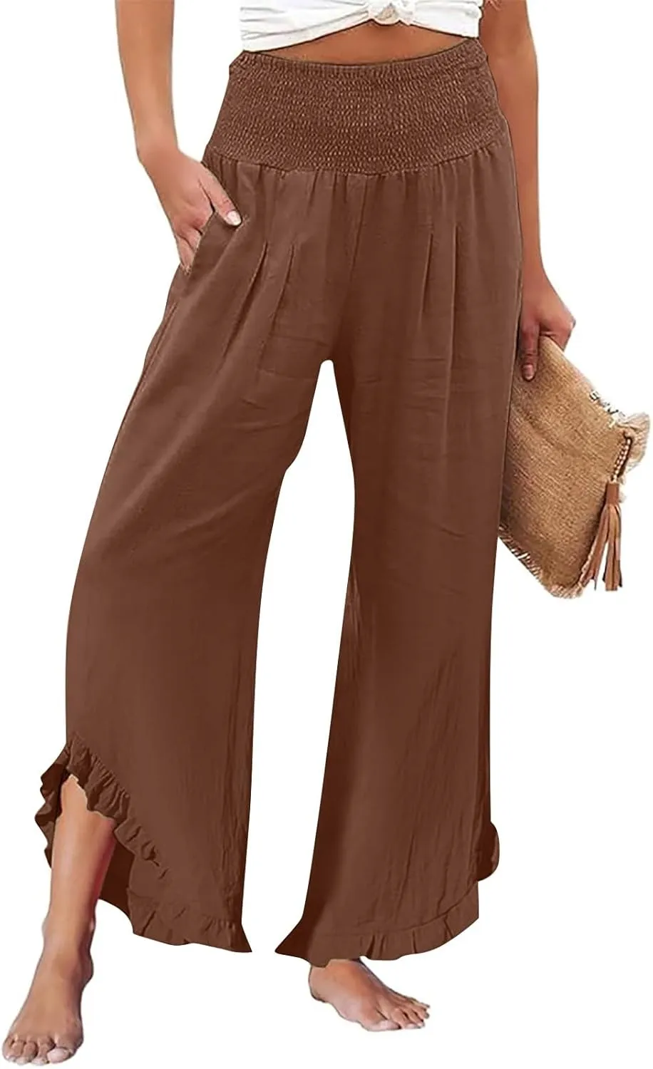 Linen Pants for Women Ruffle Cuffs Smocked High Waist Wide Leg Beach Pants Summer Flowy Palazzo Trousers with Pockets