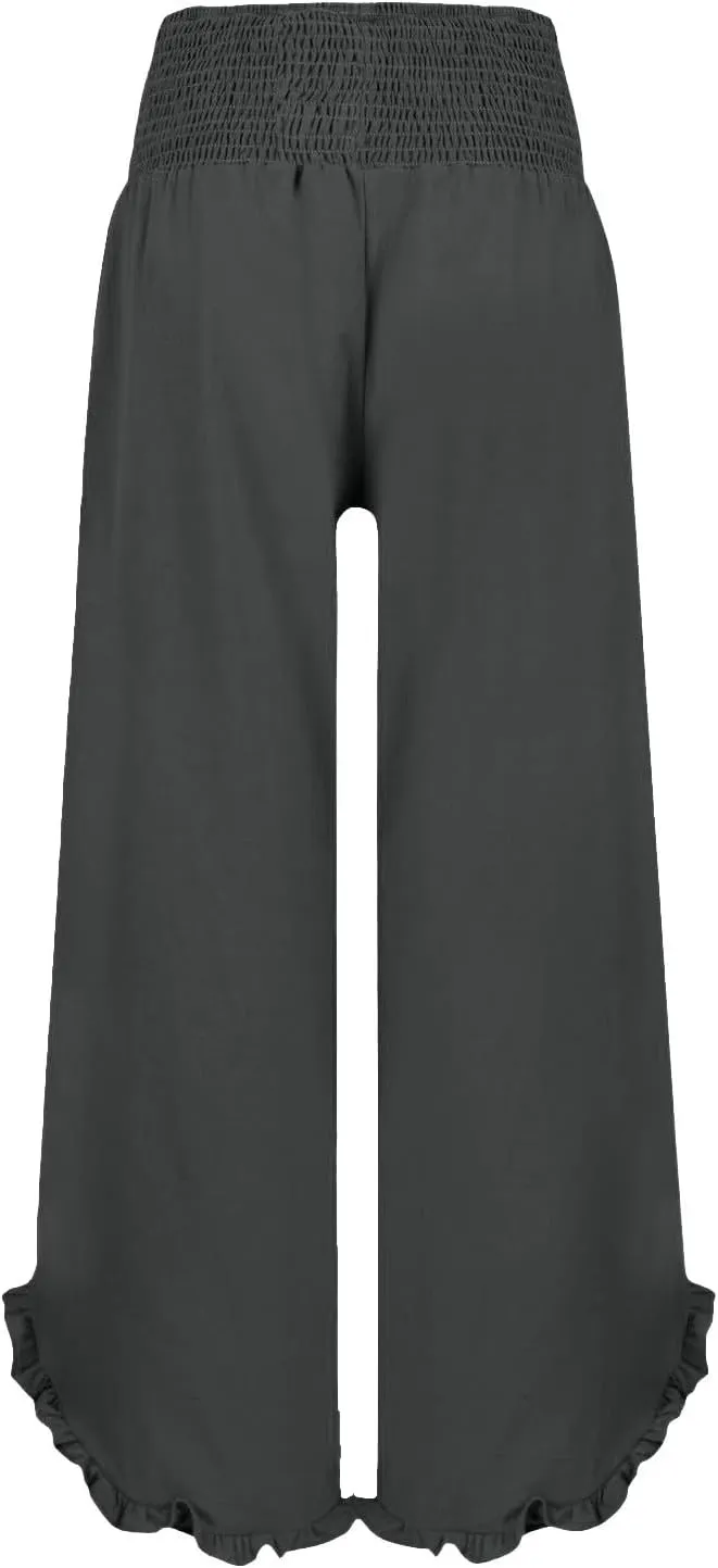 Linen Pants for Women Ruffle Cuffs Smocked High Waist Wide Leg Beach Pants Summer Flowy Palazzo Trousers with Pockets