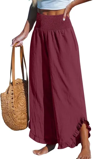 Linen Pants for Women Ruffle Cuffs Smocked High Waist Wide Leg Beach Pants Summer Flowy Palazzo Trousers with Pockets