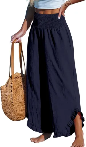 Linen Pants for Women Ruffle Cuffs Smocked High Waist Wide Leg Beach Pants Summer Flowy Palazzo Trousers with Pockets